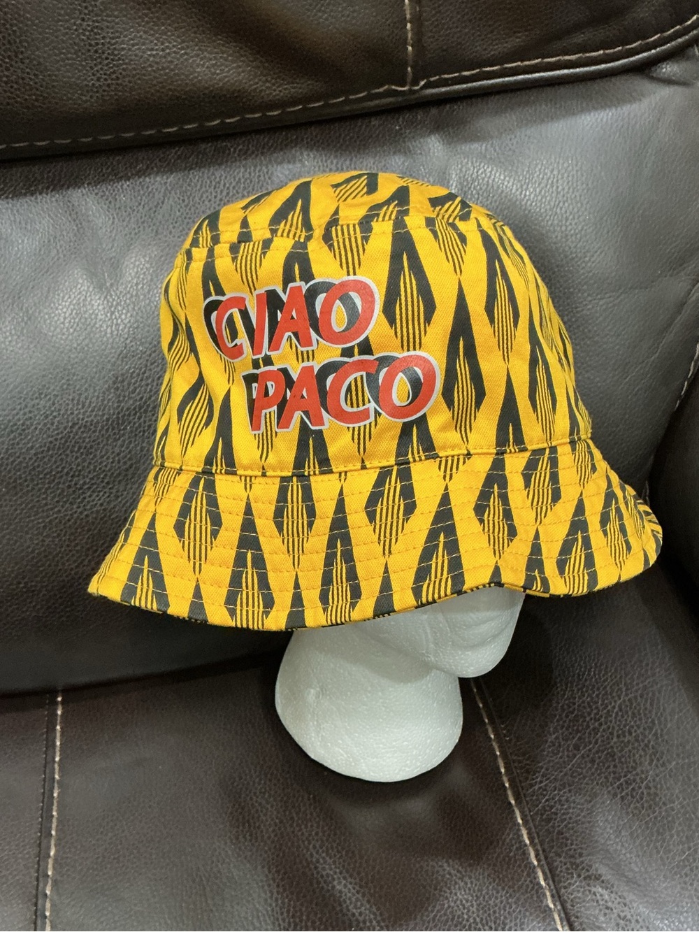 Paco Rabanne ‘CIAO PACO’ Yellow and Black Patterned Bucket Hat